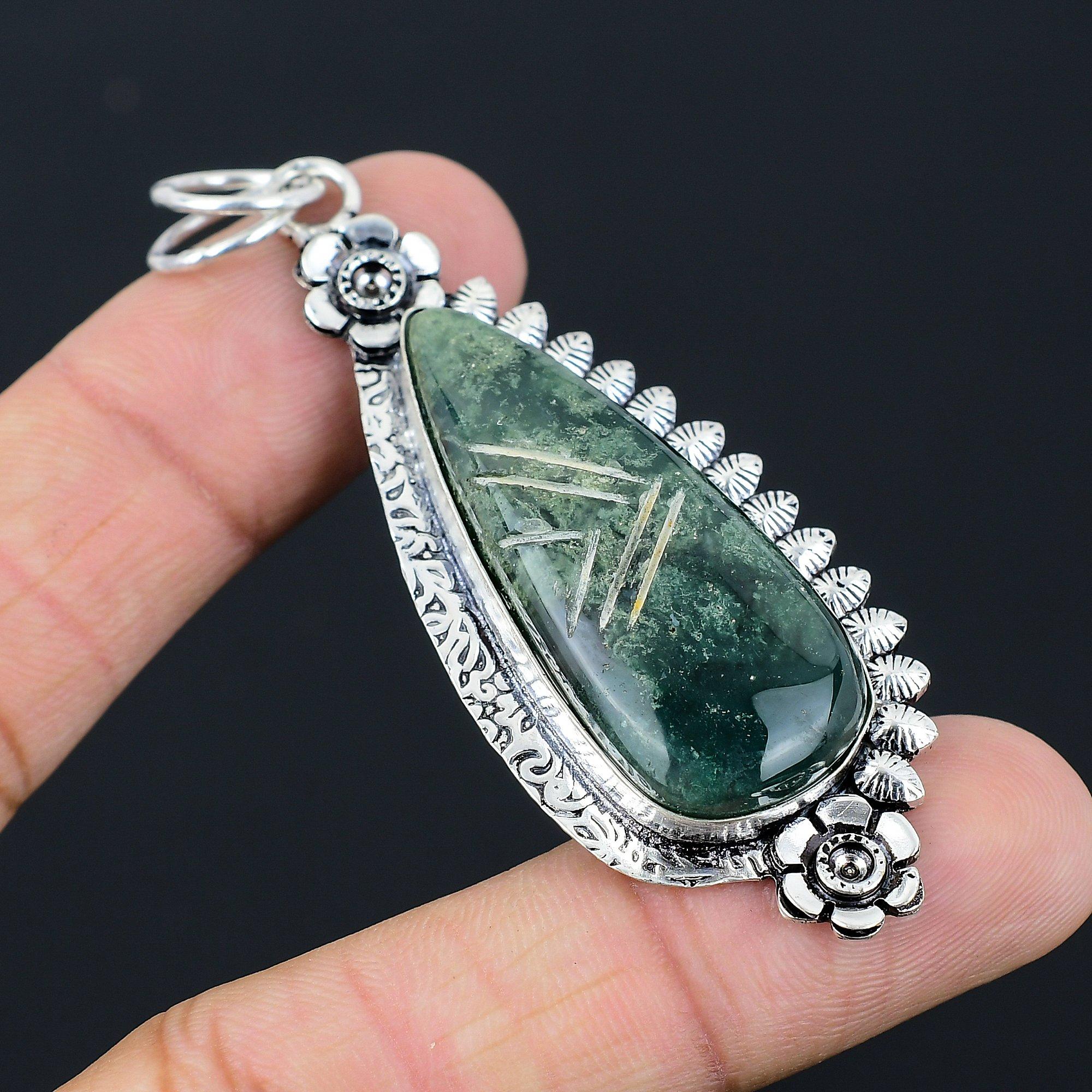 Pear Natural Solar Moss Agate Sterling Silver Handmade Flower Pendant Jewelry
