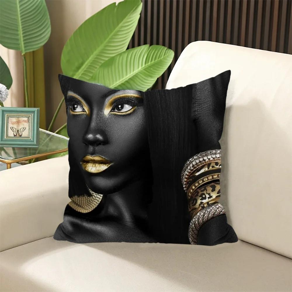 Huse elegante pentru perne de cameră Negru Auriu Pernă cu doamnă africană pentru dormit Husă de pernă × Perne decorative canapea × Umplute