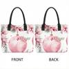 White Tote Bag Women Canvas Shopping Handbag with Pink Floral Ornament Print Black Handles