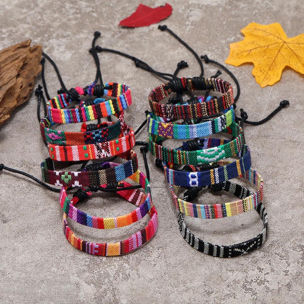 12Pcs Bohemia Colorful Bracelet Set For Women Nepal Ethnic Fabric Braided Rope Adjustable Bangle Men  Summer Jewelry