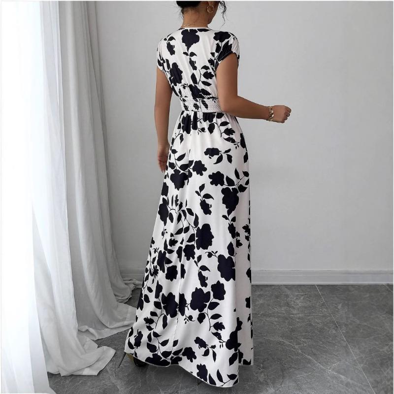 New Printed V-neck Short Sleeved Summer Dress Waist Cinching A-line Party Dresses Casual Elegant Sweet Long Dress Losoe Casual Women's Clothing