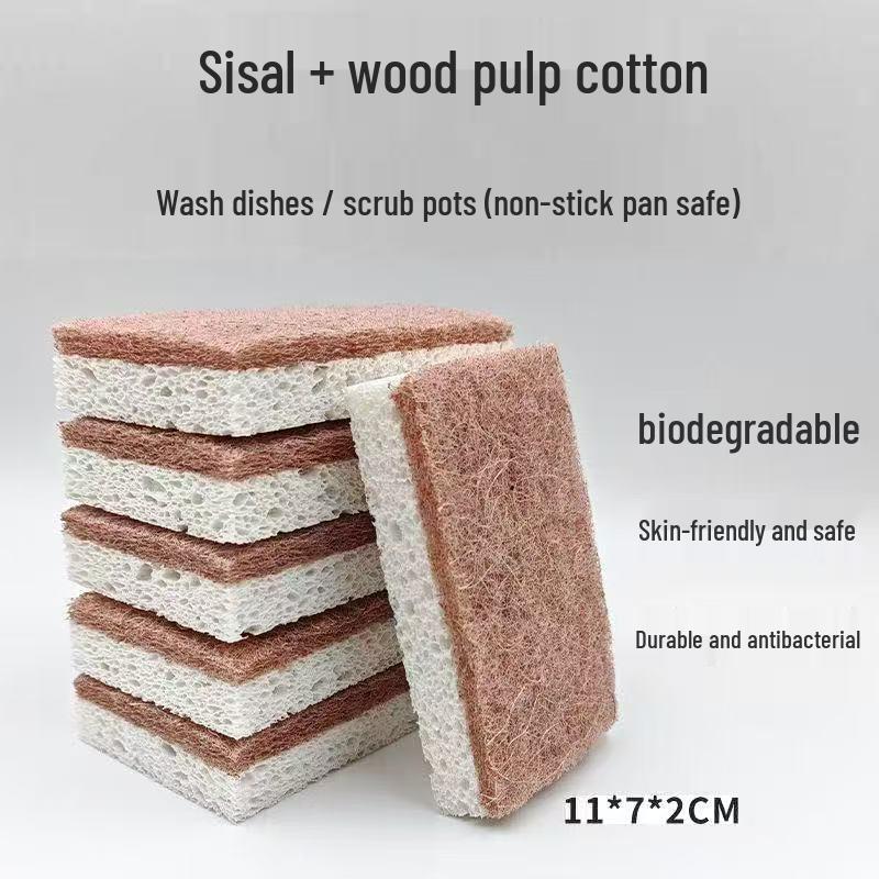 Double-sided Sisal Sponge with Wood Pulp Cotton for Oil-Free Dishwashing and Pot Scrubbing - Kitchen Wiping Cloth