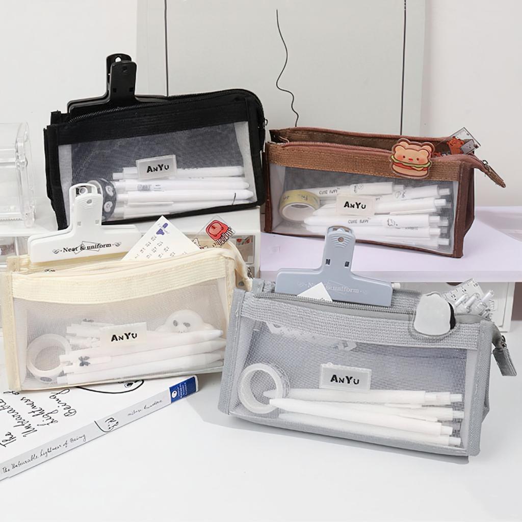 Transparent 5 Layer Mesh Bag Pen Pencil Case Visable Pocket Storage Pouch for Stationery School A7681