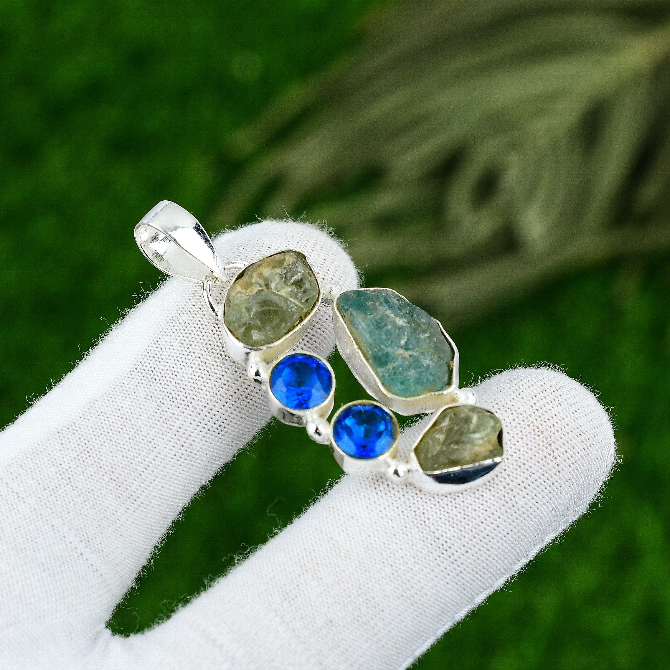 

Womens day Sale 925 Sterling Silver Natural Apatite Rough Blue Topaz New Pendant