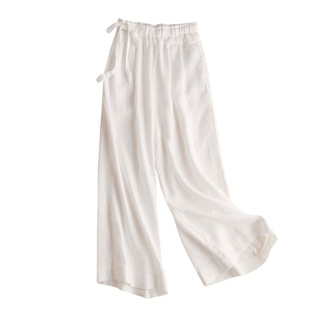 Pantaloni Palazzo Largi din Bumbac și In pentru Femei, Capri cu Talie Înaltă Elastică