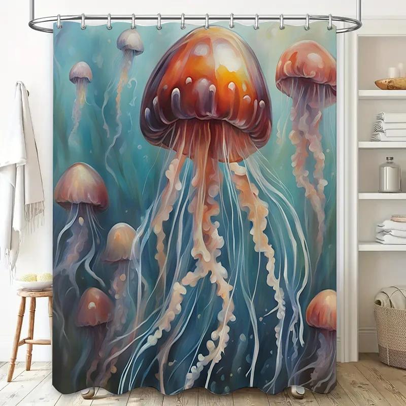 Luxury Jellyfish Print Shower Curtain Blue Ocean White Bathtub Waterproof Bathroom Decoration for Home Use 72x84 (Item #A361950)