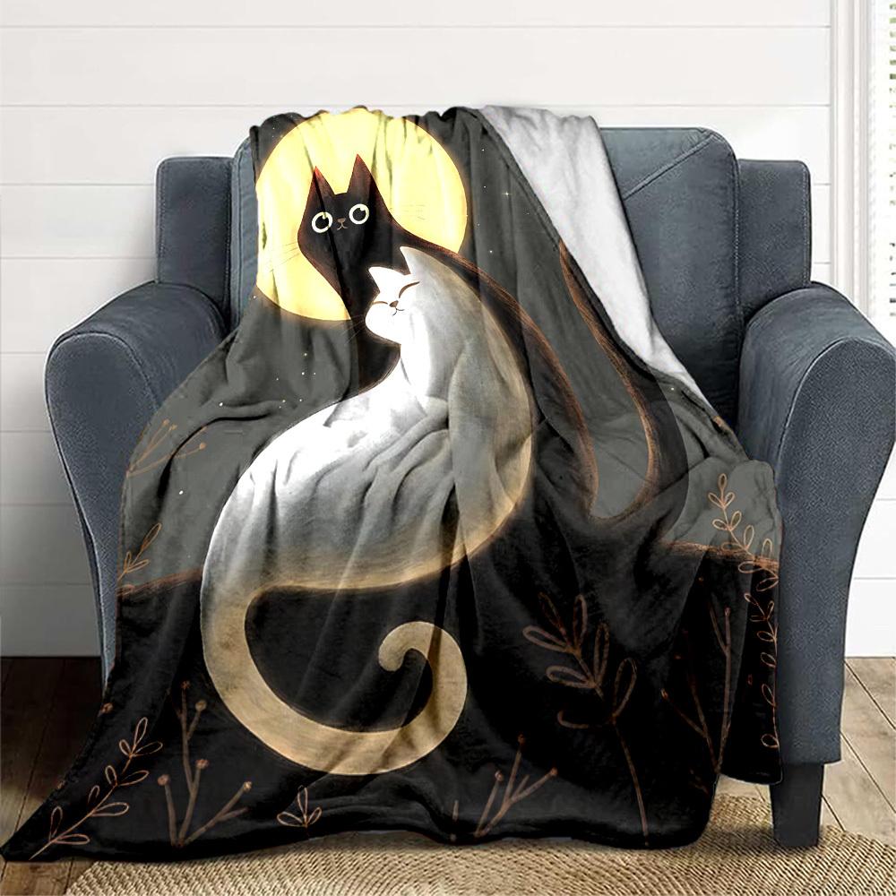 1pc Night Cats Print Blanket - Lightweight Flannel Blanket For Sofa, Bed, Living Room, Office, Outdoor Travel, Camping, Soft 050