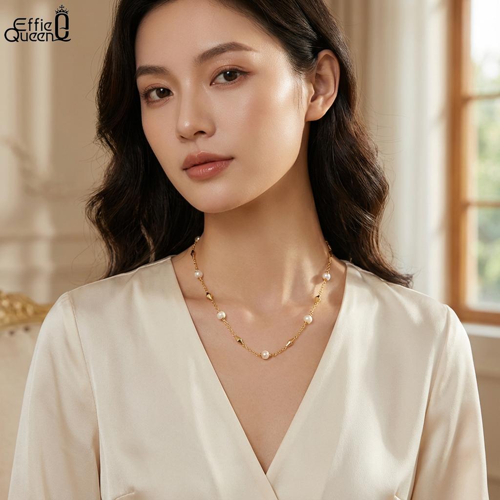 EFFIE QUEEN 100% S925 Silver 14k Gold Rhombus Style Pearl Chain Choker Necklace Simple Jewelry for Women Banquet Party GPN52
