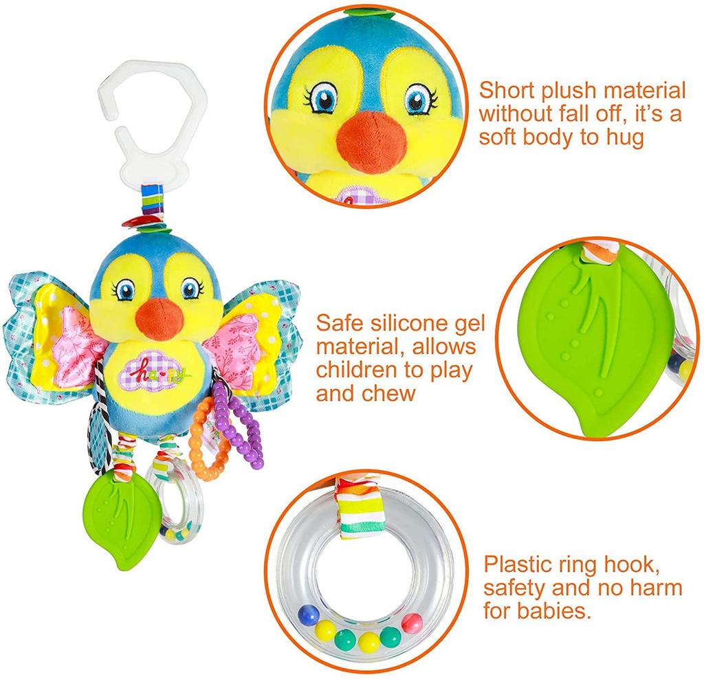 Giocattoli per passeggino e giocattoli per seggiolino auto per neonati con massaggiagengive, giocattoli per passeggino sospesi, clip per bambini in morbido peluche per ragazzi e ragazze 3-12 mesi