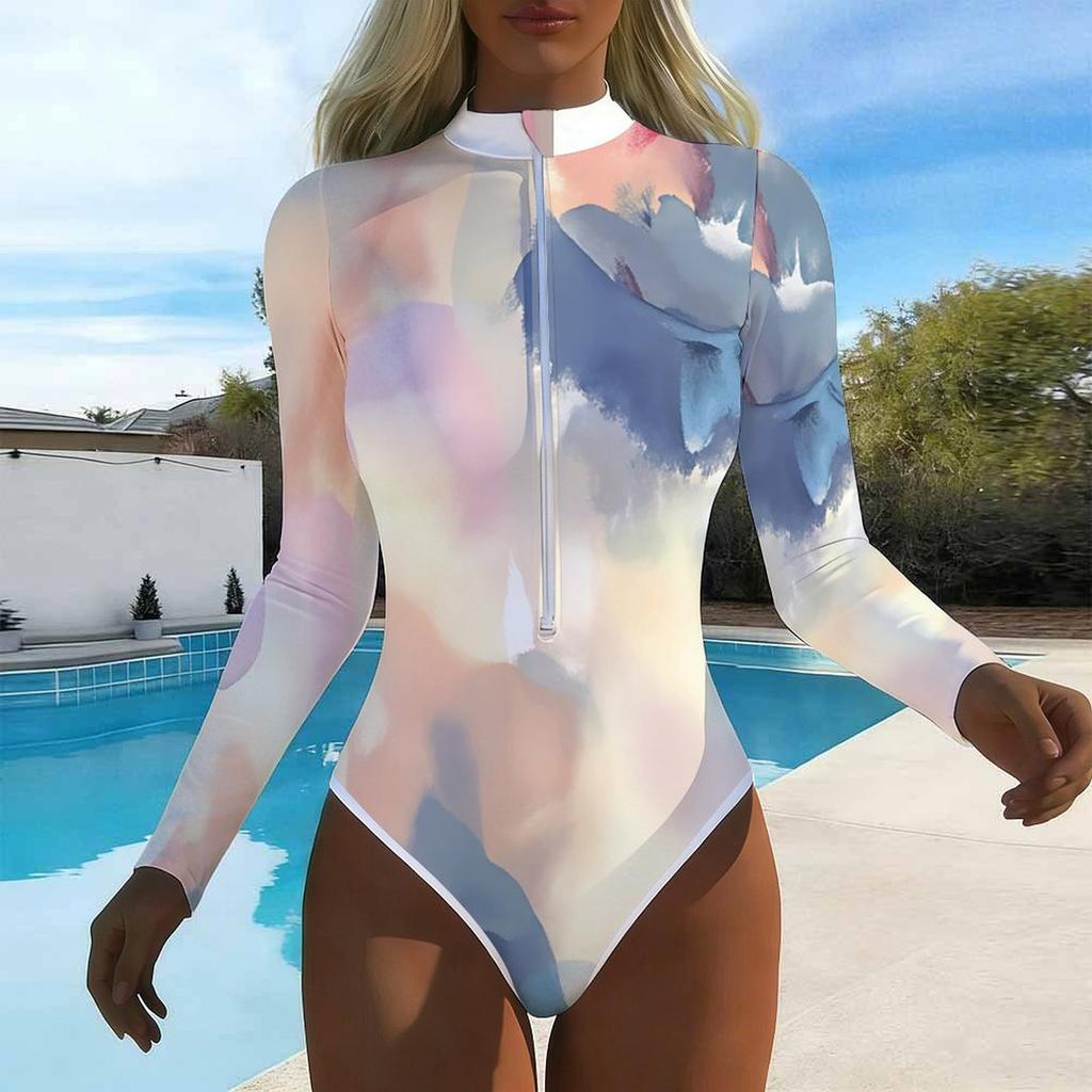 Women Long Sleeve One Piece Swimsuit Zip Front Ink Wash Landscape Print Rash Guard Surfing Bathing Suit