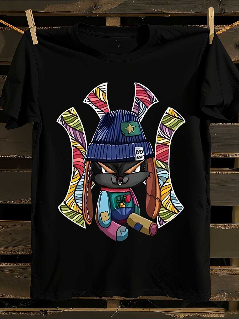 Anime-Style Black Rabbit Graphic T-Shirt XXXL