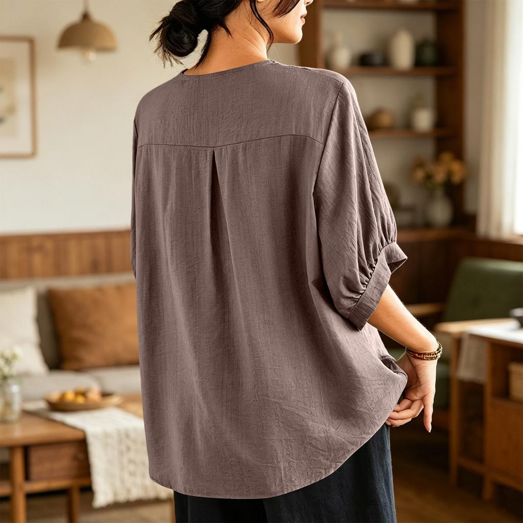 Women's Embroidered Blouse, V-Neck Button Front Short Sleeve Shirt, Casual Summer Top