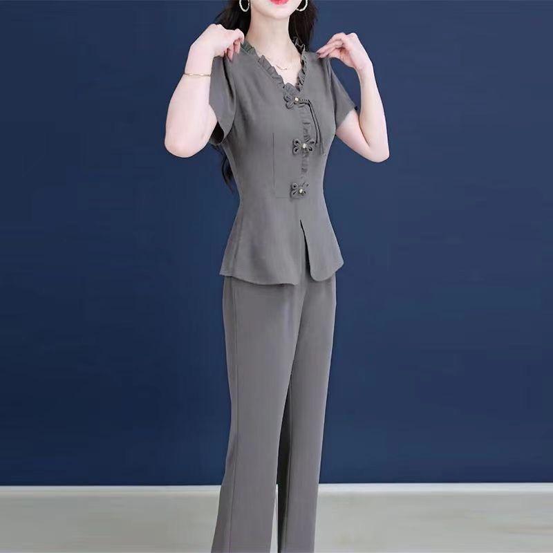 Γυναικείο Κομψό Καλοκαιρινό Σετ Μπλούζα με Βολάν κοντό μανίκι και Casual Μακρύ Παντελόνι Δύο Τεμαχίων