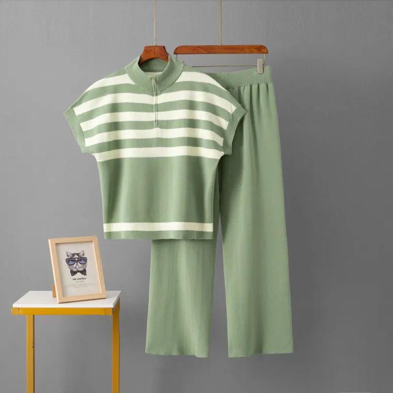 Cross-Border Foreign Trade Minimalist Fashion Suit Stripes Zipper Knitting Tops + Fashion Slim-Fit Wide-Legged Pants Two-piece Set Women
