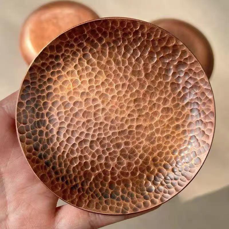 Mini Vintage Red Copper Coffee Cup Tray,Engraving Hammer Texture Home Breakfast Cheese Tableware,Snack Disc Table Decoration