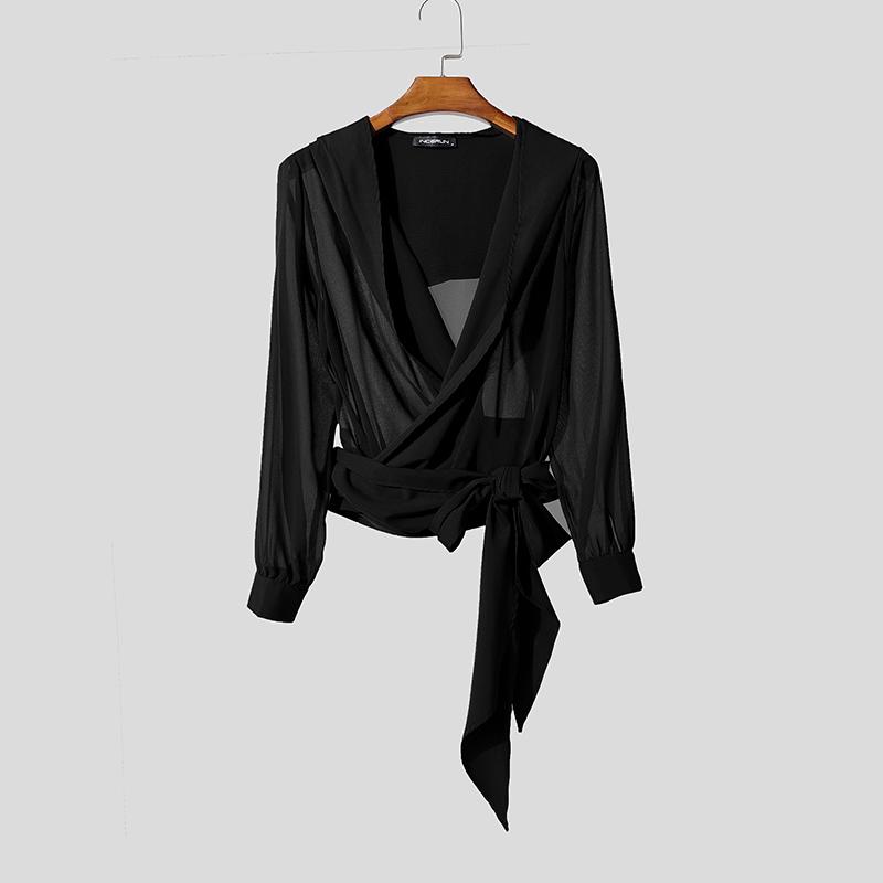 INCERUN Oversized Men V Neck Long Sleeve Bandage Transparent Loose Hooded Tops T-shirts