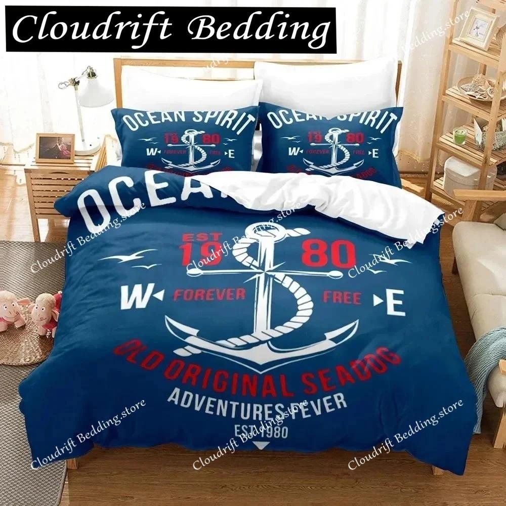 Anchor Duvet Cover Set,Nautical Classic Colors And Anchors Simplistic Design Sailor Ship Polyester Fashion Bedding Set
