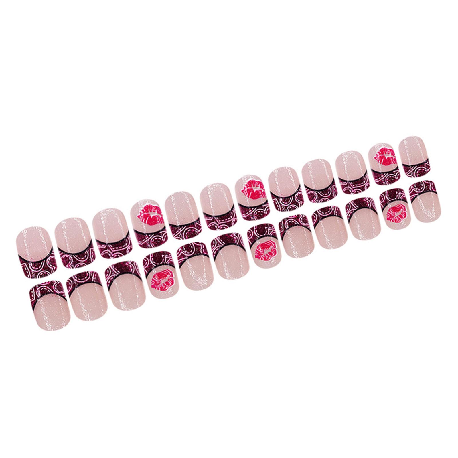 

24 Pcs French Tip Press On Nail Lip Print Full Cover Stick on Nail Valentines Day False Nail Glittering Acrylic Nail