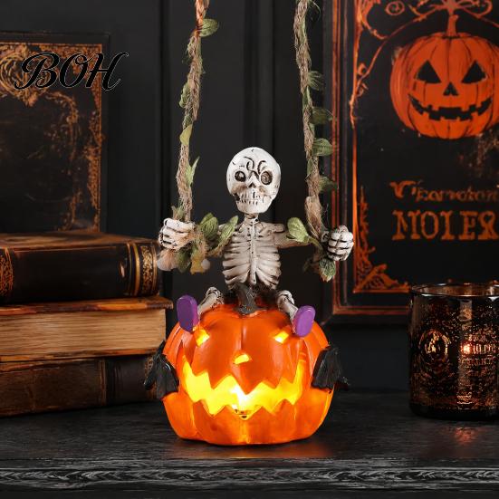 Halloween Skeleton Ornament Swing with Lighted Pumpkin, Light-up Ornament, Figurine Hanging Statue for Indoor Front Porch Decor Resin Bone