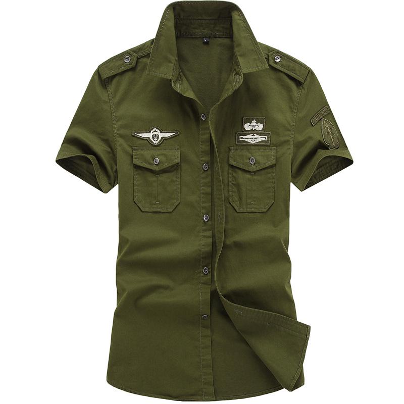 2019 Men's Plus Size Summer Outdoor Casual Cotton Workwear Shirt with Shoulder Epaulets
