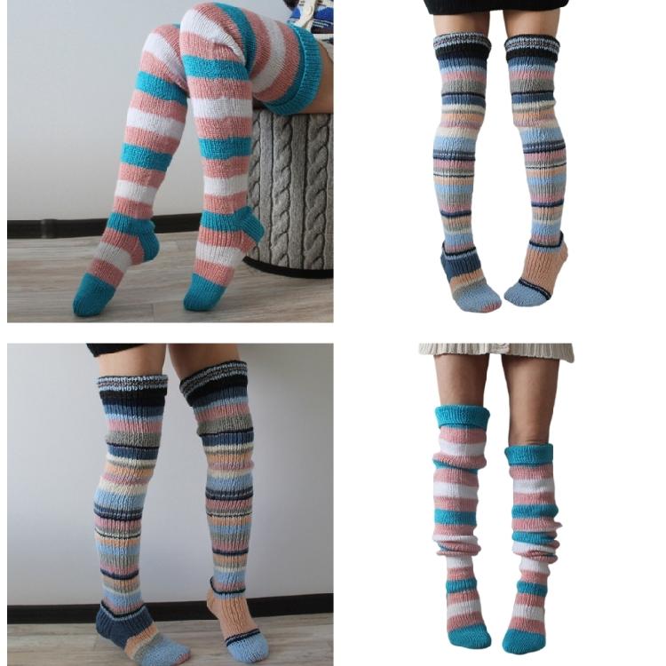 Autumn Slouch Crochet Knitting Colorful Striped Thigh High Long Socks for Women