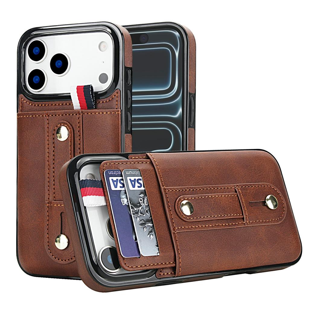 For iPhone 17 Pro Case PU Leather+TPU Hidden Card Holder Drop-proof Phone Cover with Kickstand