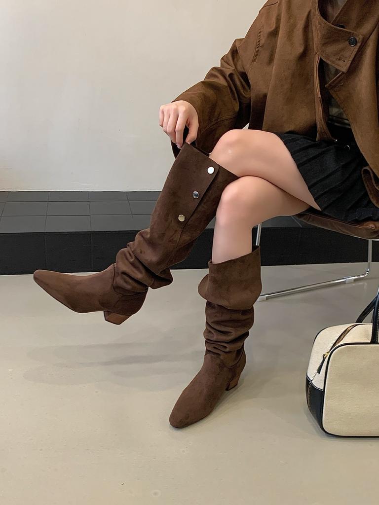 Retro thick-heeled elastic thin boots, new thin thick-heeled tall over-the-knee suede stacked women in autumn and winter 2025