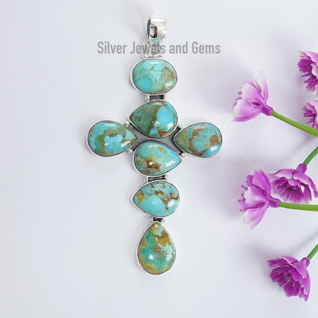 Natural Turquoise Cross Pendant , Kingman Turquoise Pendant, Birthday Pendant, Multi Stone Pendant, 925 Sterling Silver Handmade Pendant