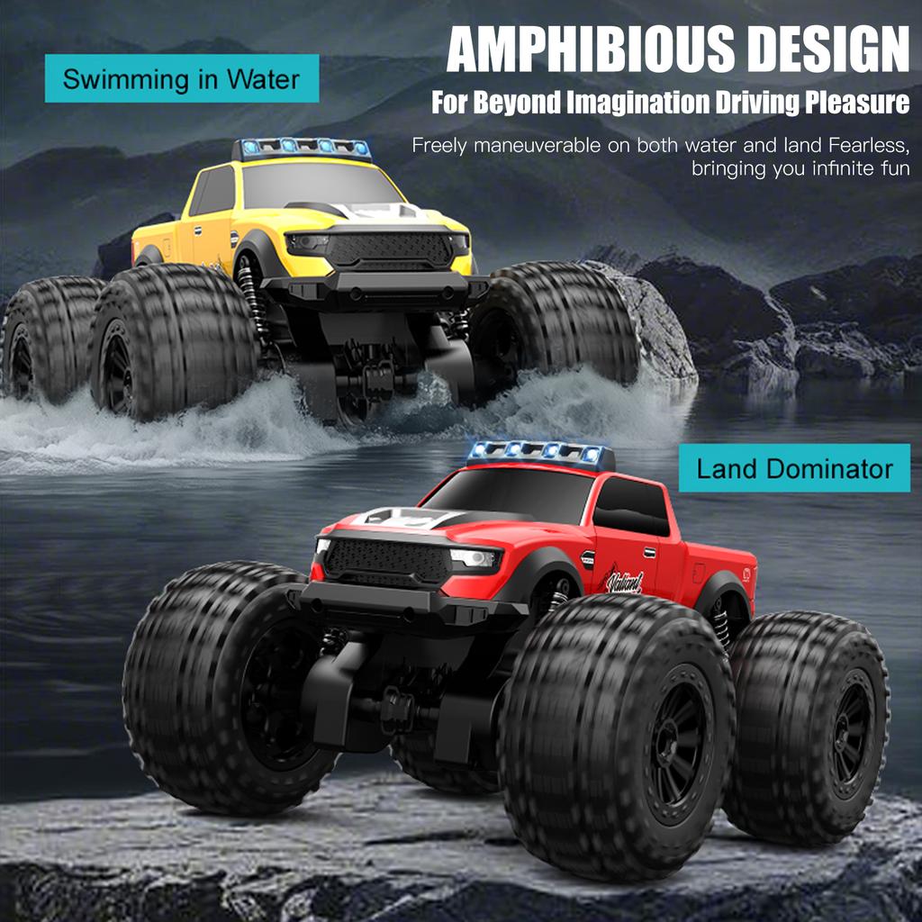 Amphibious Remote Control Car, 2.4GHz 4WD Off Road Vehicle with Headlights, 360 degrees  Rotating Waterproof Stunt Car