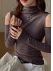 2025 Niche Solid Color Off-Shoulder Cutout Long-Sleeve Base Layer Women's Top with Half-High Neck Design