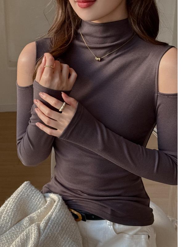 2025 Niche Solid Color Off-Shoulder Cutout Long-Sleeve Base Layer Women's Top with Half-High Neck Design