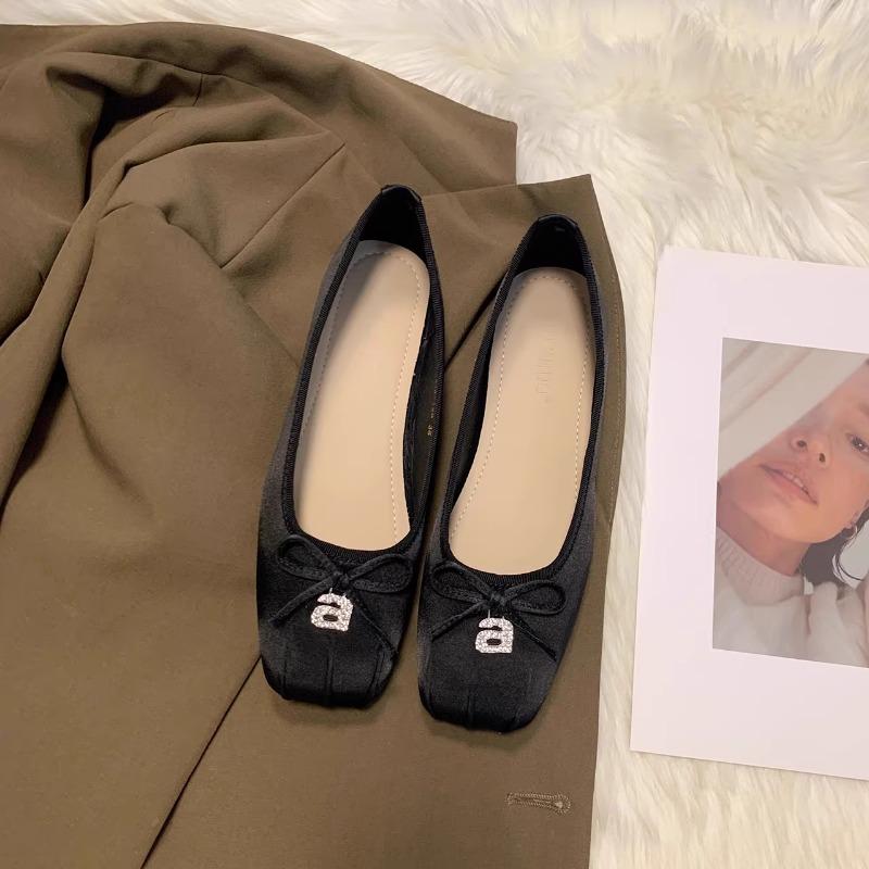 Fashion Flat Shoes for Women Spring  Autumn 2024 New Square Toe Silk Shallow Bow  Scoop Shoes Large Size 42 43 44  Ladies Shoes Women