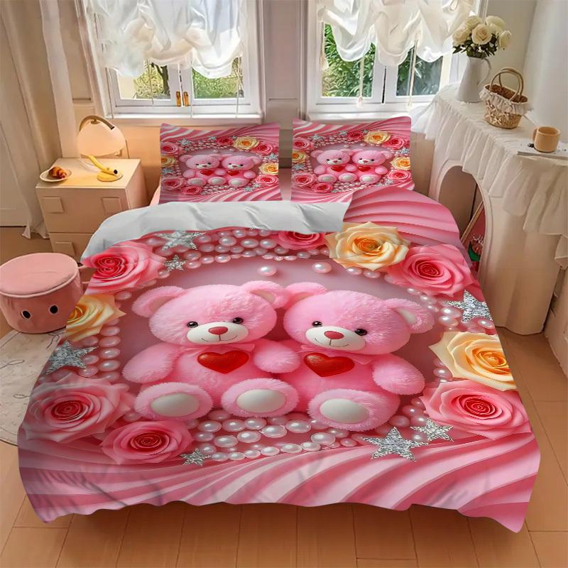 3pcs Pink Teddy Bear Bedding Set - Includes One Quilt Cover and Two Pillowcases (No Core), Festival Gift, Polyester Fabric, Anime Cartoon De