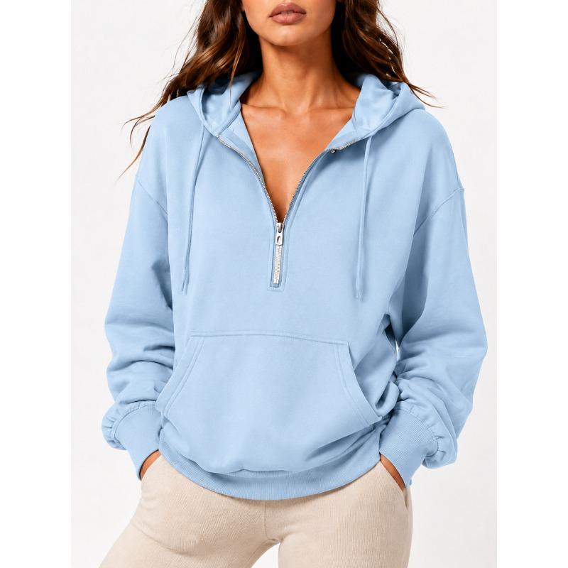 Women S Loose Fit Hooded Half Zip Pocket Casual Sweatshirt