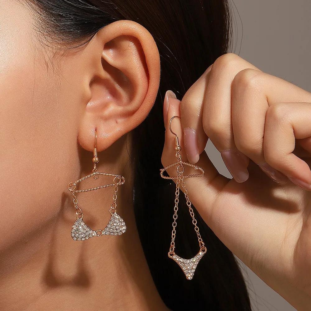 New Creative Personality Dissymmetry Bikini Drop Dangle Earrings for Women Sexy Fashion Gold Color Zircon Jewelry Accessories