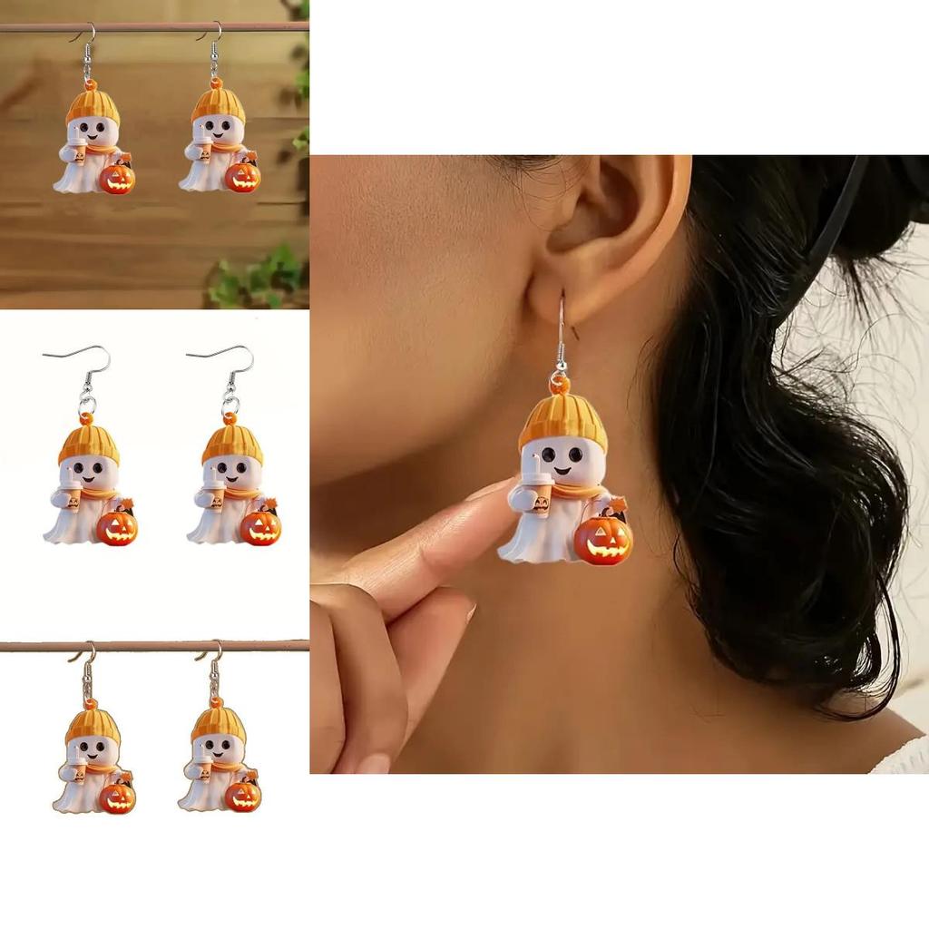 Halloween Themed Cartoon Ghost Milk Tea Pumpkin Pattern Women Acrylic Earrings For Daily Casual Attire