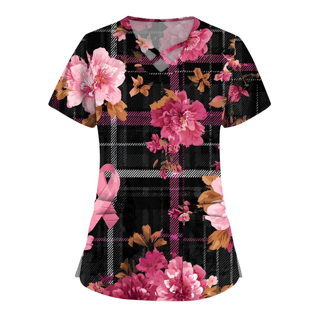 Dámská móda V-výstřih Krátký rukáv Kombinézy Kapsa s dvojitou vrstvou Tištěná trička Oblečení