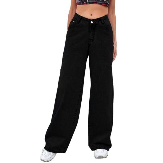 

Женские прямые джинсы с высокой талией, джинсы с широкими штанинами, повседневные эластичные джинсовые брюки, свободные мешковатые брюки M чёрный