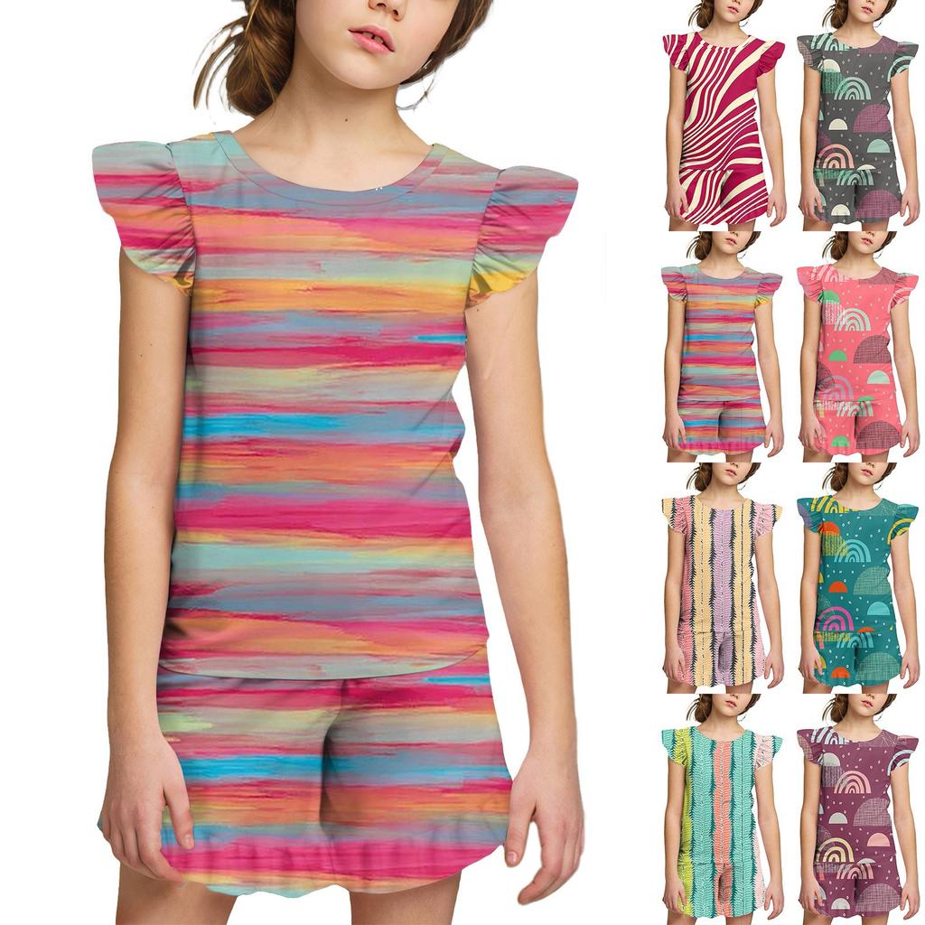 Summer Girls Cute Suit Flying Sleeves T-shirt Top + Ruffled Shorts Daily Outdoor Wear Cute Casual Fashion 2-Piece Set