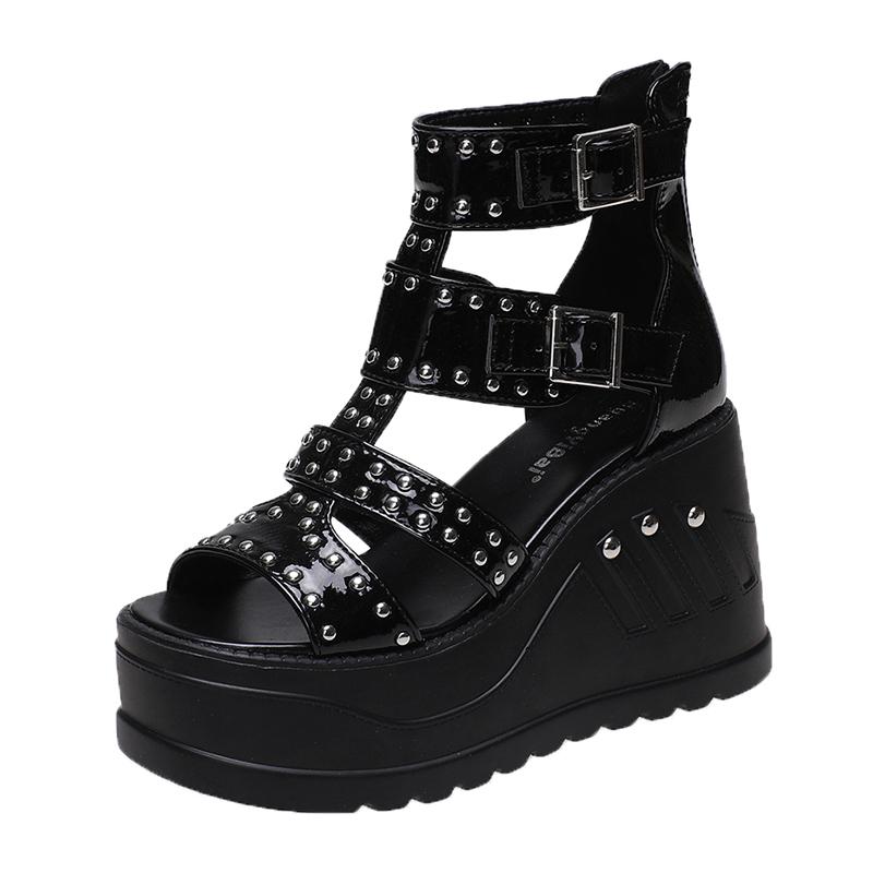 Fashion 10CM Gladiator Wedge Sandals Women's New Summer Fish Mouth Hollow Waterproof Rivet Platform Heightened Roman Sandals Punk Boots