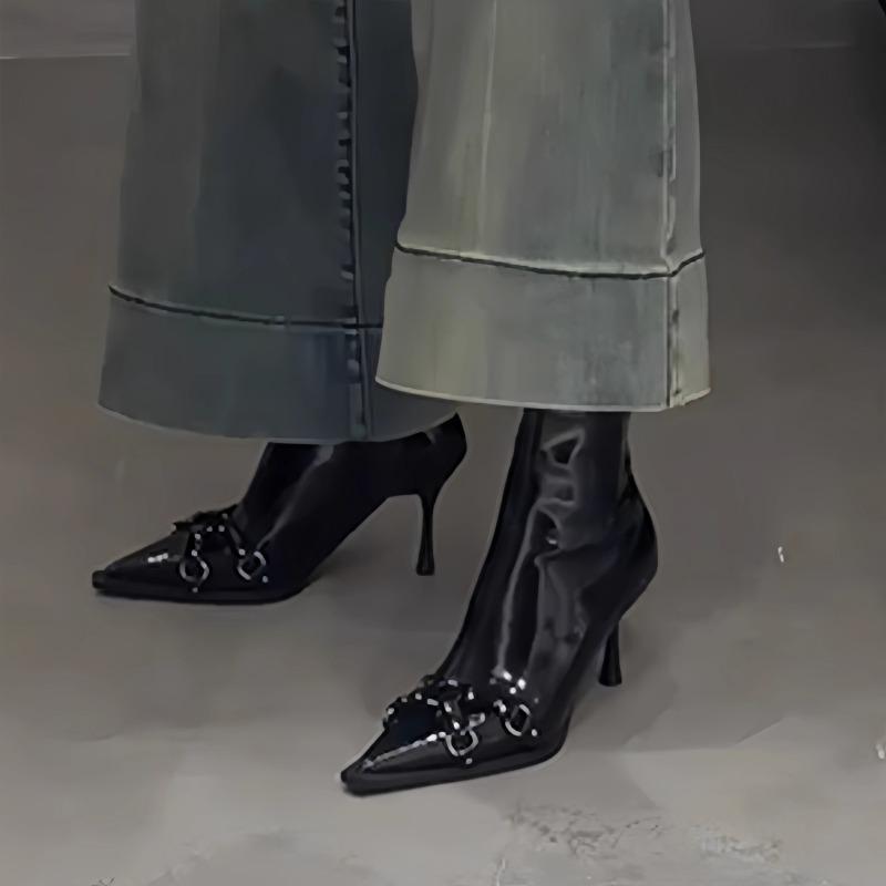 Autumn New Sleeve Single Boots Women's Fashion Pointed Toe Metal Buckle Anti-Slip Wear-Resistant Stiletto Heel Short Boots