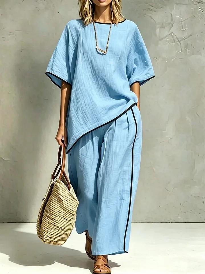 2026 new cross-border European and American women's elegant round neck casual loose short-sleeved two-piece set for women