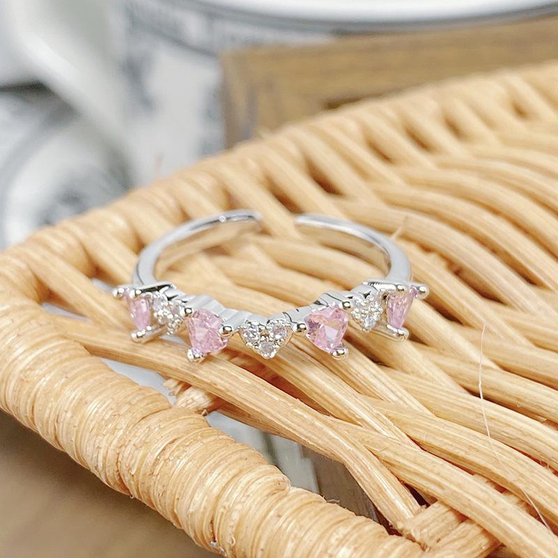 Sweet Full Diamond Pink Love Zir*****Pen Ring Color Treasure Niche Light Luxury High Sense Stacking Wearing Personalized Ring Woman