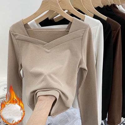 2024 autunno inverno velluto colletto quadrato manica lunga solido T-shirt per le donne Harajuku Casual sottile spessa caldo fondo T-shirt femminile