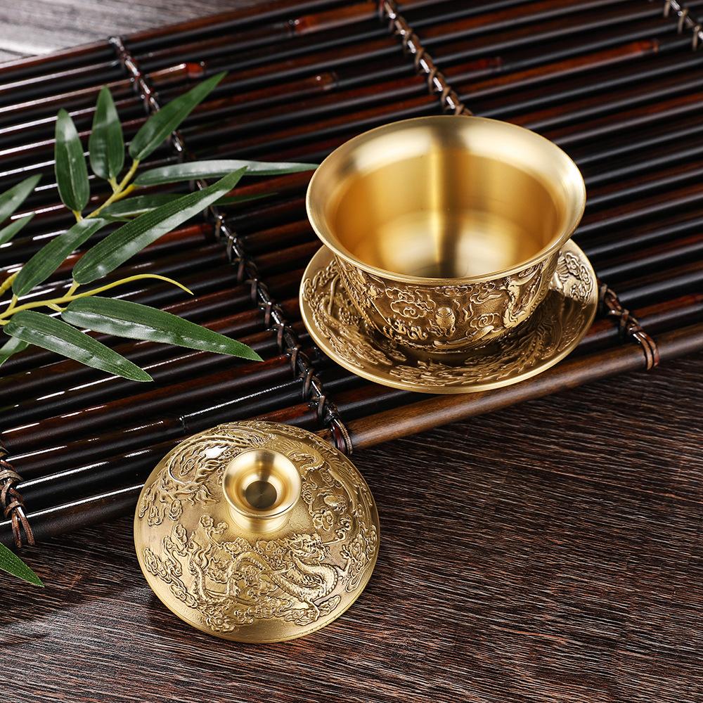 Brass Creative Tea Set, Dragon and Phoenix Chengxiang Tea Bowl, Chinese Tea Cup, Water Supply Bowl, Handicraft, Home Decoration