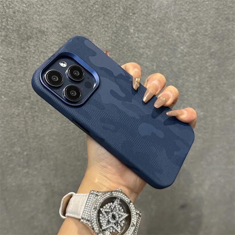 Camouflage Leather Magsafe Case for Iphone 13 14 15pro 12 13Pro 14pro Max Plating Lens Matte Wireless Charging Shockproof Cover