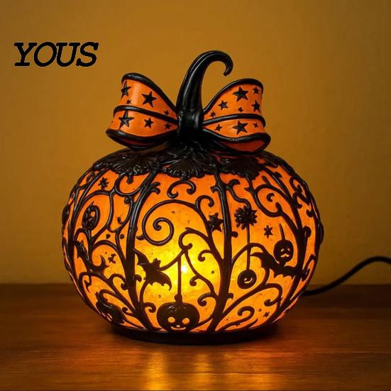 Warmes Nachtlicht 1/2 Stück Halloween Schleife Kürbislicht, Buntglas Schreibtischlampe, Gruselige Jack-o'-Lantern Nachtdekoration für Zuhause Büro Harzlichter