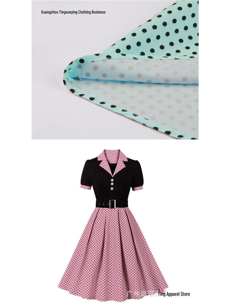 Stippen Revers Korte Mouwen Met Riem Afslankende Jurk voor Dames - Lente/Zomer Mode