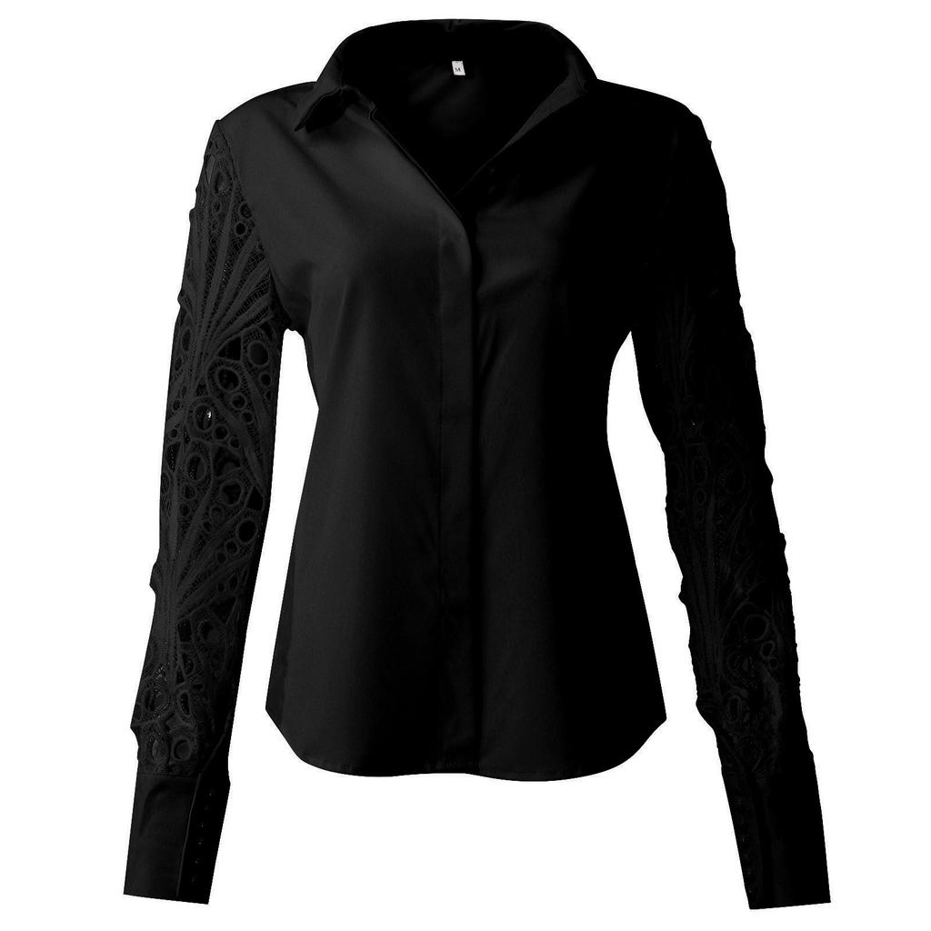 Women's Solid Color Lace Long Sleeve Splicing Casual Button Down Shirt Blouse