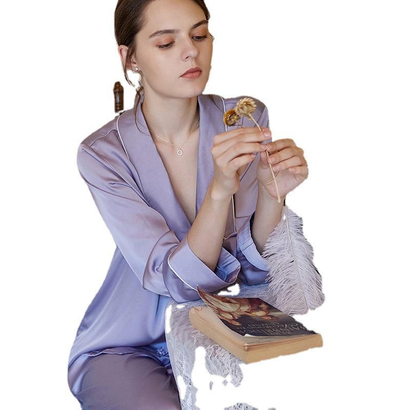 Simulation Silk Pajamas Women'S Spring And Summer Ice Silk Long-Sleeved Court Princess Lapel Loungewear Cover Can Be Worn Outside